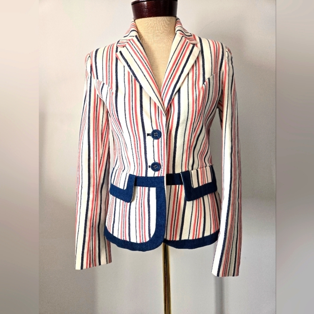 KATHERINE BARCLAY Striped Cotton Women's Blazer -White With Pink And Navy. XS